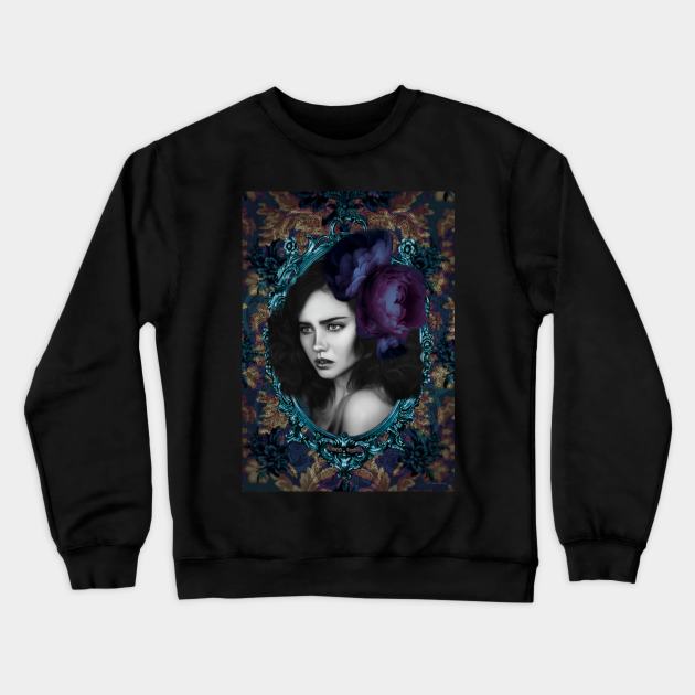 Deep Purple Flower Girl Portrait Artwork Digital Crewneck Sweatshirt by Relaxing Art Shop